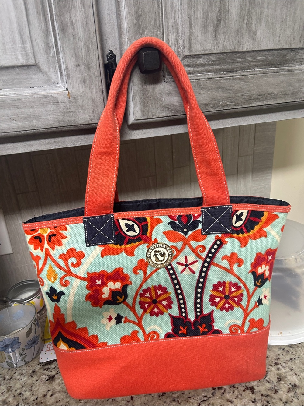 Spartina 449 Coral & Aqua Floral Canvas Tote